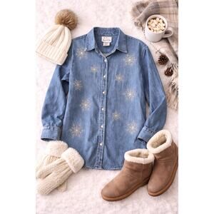 Vintage Quacker Factory Denim Button Up Shirt Snowflakes Oversized Blue SZ L